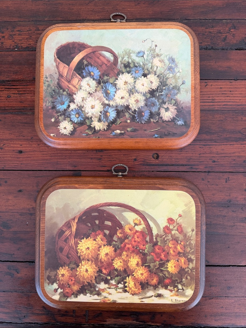 Cottagecore Vintage Floral Wall Art Set in Blue, White and Orange.  Set of 2.